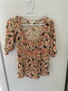 LOFT Peach and Cream Floral Empire-Waist Scoop Neck Top